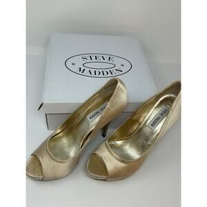 Steve Madden High Heel Shoes Women 8M "Feelixx" Stiletto Gold Satin Bling Party